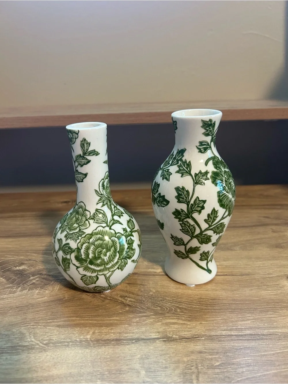 Off White Ceramic Bud Vase Pair with Green Floral Motif